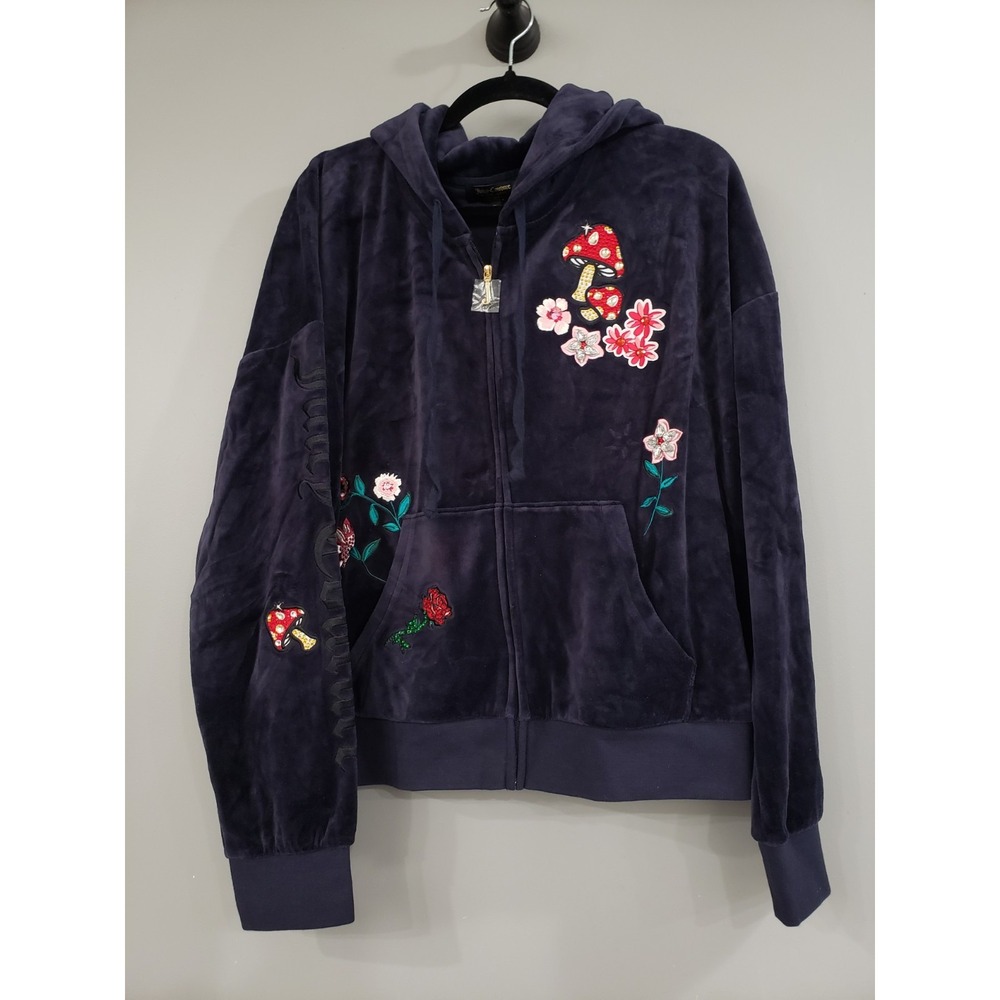 NWOT XL Juicy Couture Navy Velour Zip Hoodie Floral Mushroom Embroidered Women